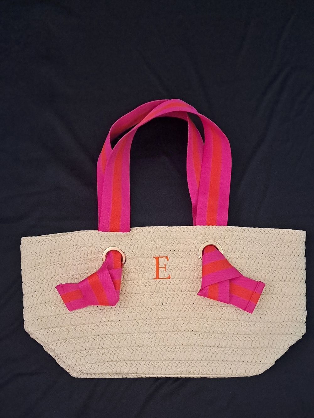 Mark & Graham Straw Tote with Pink and Orange Striped Handles